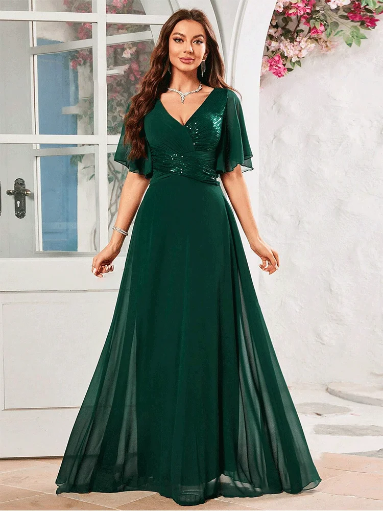 Vestido de noite com decote em v, manga curta, verde escuro, lantejoulas, chiffon, até o chão, para mulheres, brilhante, dama de honra, casamento, dança, baile