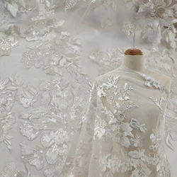 White Polyester Embroidered Mesh Sequins Irregular Wedding Dress Lace Fabric