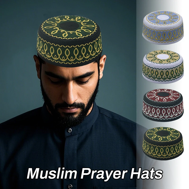 

Kids Muslim Hat Ethnic Style Men Prayer Hats Adult Embroidery Arabia Turban Cap Flat Top Hats Arab Saudi Arabia Islamic Hat