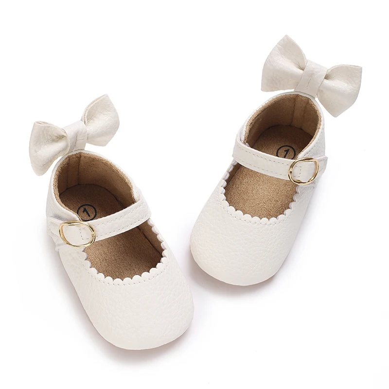 Sepatu Putri Pita Lucu Bayi 0-18M Musim Semi dan Musim Gugur Putih Sepatu Putri Anti Selip Sol Karet Lembut PU Kasual Sepatu Jalan