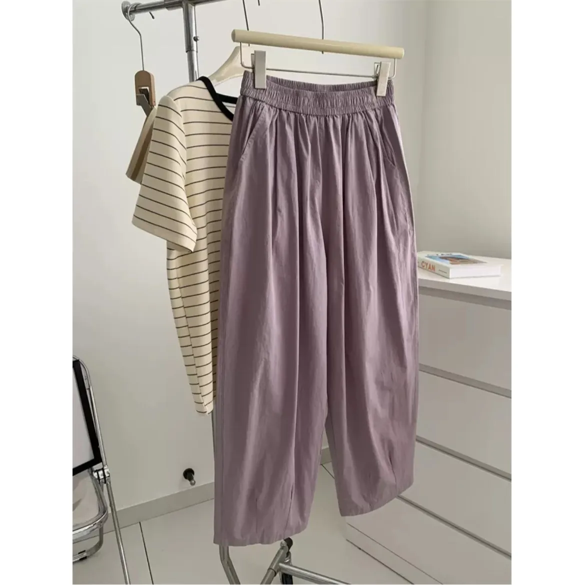 일본식 루즈핏 와이드 팬츠 여성 여름 플러스 사이즈 배형 슬림 나인 포인트 할머니 스타일 트렌디 캐주얼 바지