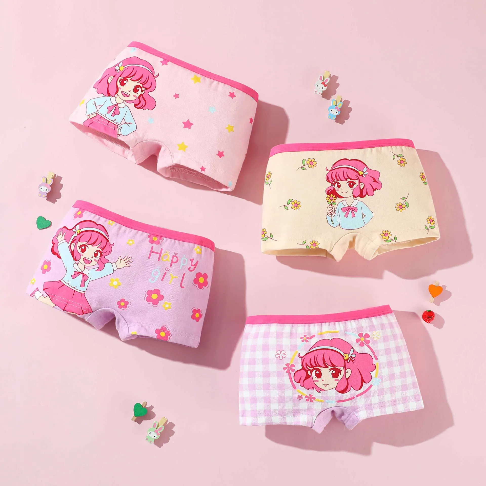 4 Pack Cotton Girls Panties Cute Cartoon Character Soft Washable Boxer Briefs Children's Underwear Boyshorts for Kids 2-9T