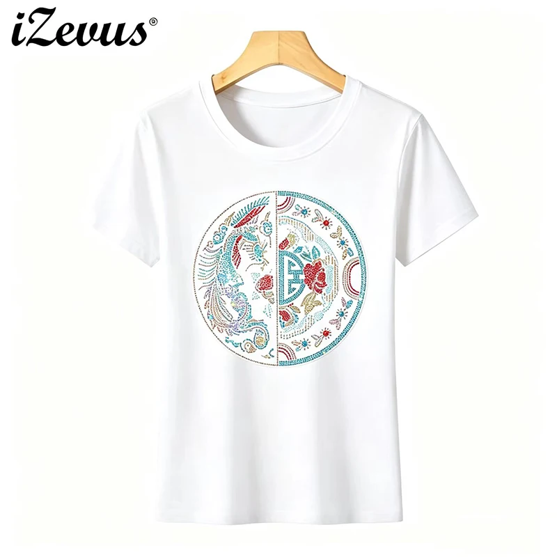 Ladies' summer short-sleeved ice silk cotton round-neck short-sleeved T-shirt with rhinestone rhinestone, retro Chinese style