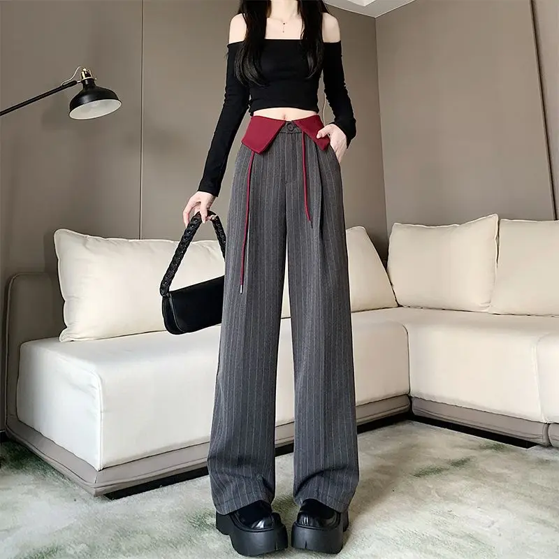 Spring Fall Women High Waisted Patchwork Striped Wide Leg Grey Pants , Woman Fashion Elegant Designer Trousers