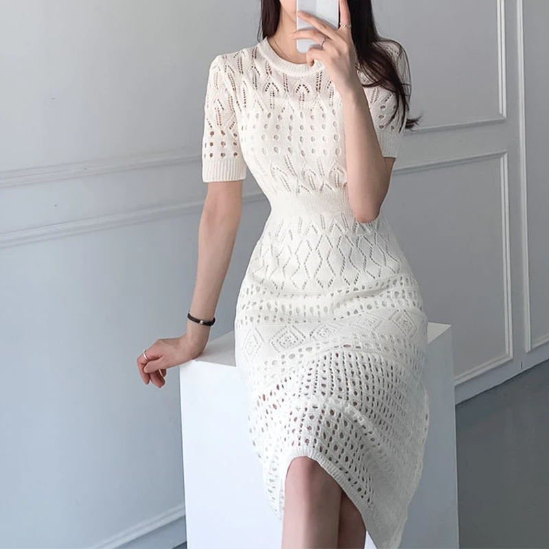 Estate elegante moda scava fuori bianco aderente abito longuette femminile sottile girocollo maglia abito da donna a-line abiti casual