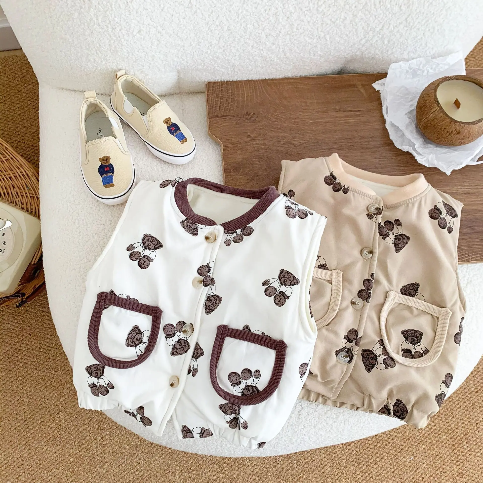 Baby Winter Clothes Newborn Infant Vest Korean Bear Print Baby Girls Outerwear Boys Sleeveless Jackets Warmth Kids Autumn Tops