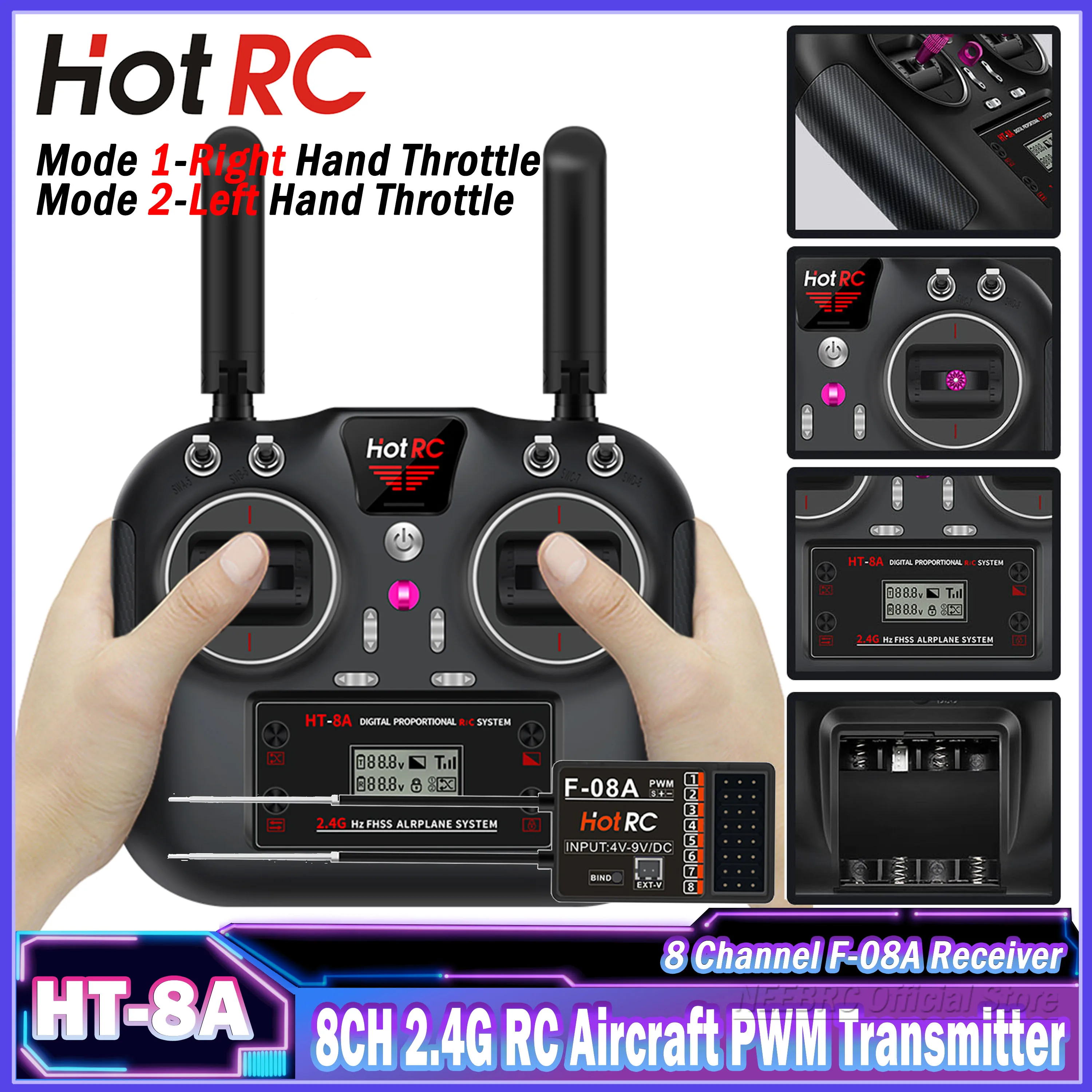 HotRC-sistema de Radio para vehículos a Control remoto, HT-8A de 8 canales, 2,4G, transmisor PWM, receptor de F-08A