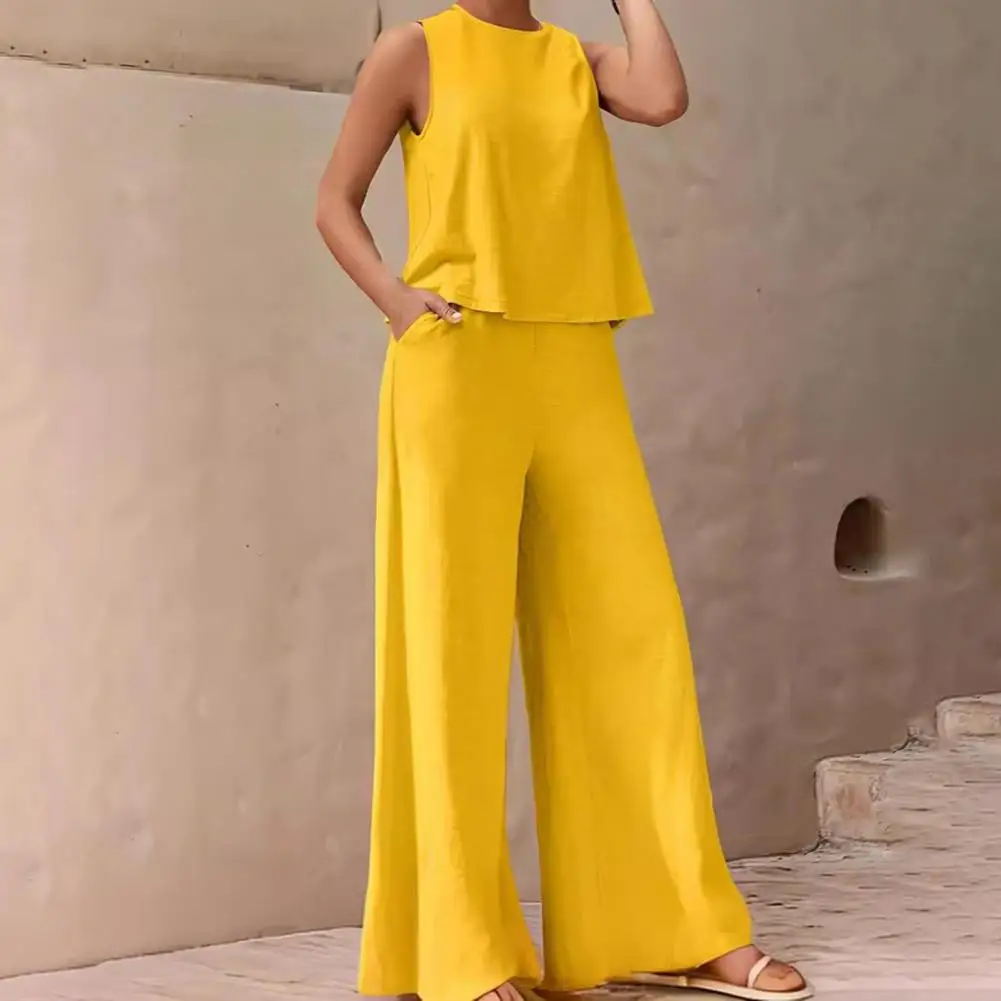 Solid Color Tank Top Set Stylish Women's Sleeveless Top Wide Leg Pants Set with Side Pockets Casual Outfit for Daily Wear