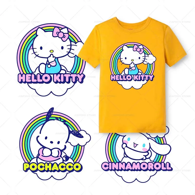 Sanrio Hello Kitty Patches Iron on Heat Transfers for Kids Clothes Anime Pochacco Purin Thermal Print Stickers on Girls T-shirt