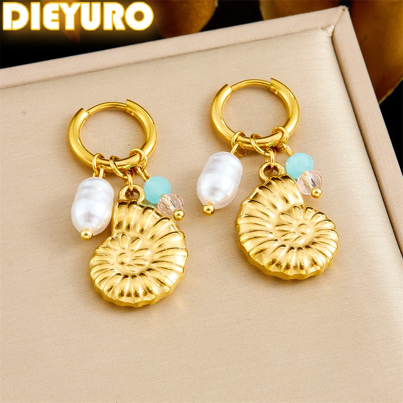 

DIEYURO 316L Stainless Golden Conch Irregular Pearl Earrings For Women New Fashion Waterproof Ear Studs Jewelry Party Gift ﻿