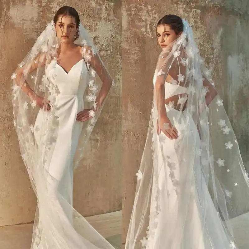 Graceful Lace Veil Bridal Cathedral Wedding Accessories White Veil With 3D Appliques Metal Hair Comb Custom Made Veil