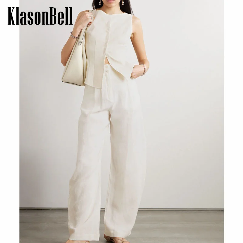 

7.14 KlasonBell Women O-Neck Hidden Breasted Spliced Slim Vest Or High Waist Side Pocket Pants Holiday Casual Linen Set