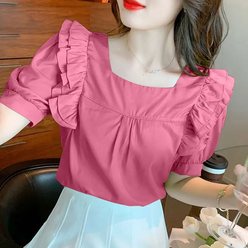 

Women's Summer Puff Sleeve T-shirt Female Solid Square Collar Ruffles Tie-up Slim Fit Crop Tops Ladies Fashion Blouse Shirts G99