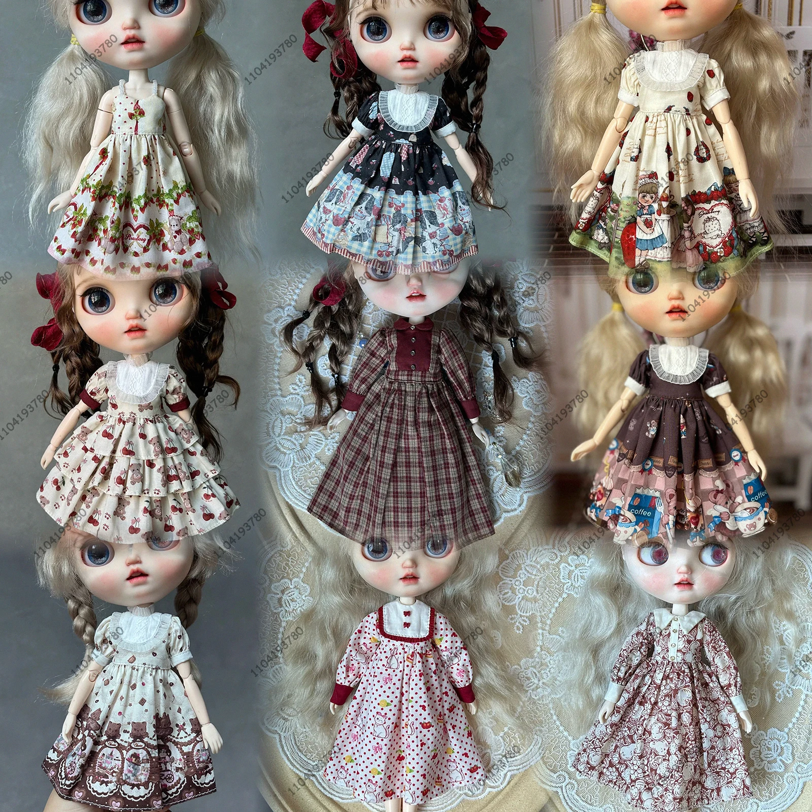 

Для куклы Блайт 30 см, тело 1/6 Ob24 Azone, одежда для куклы, ретро стиль Cottagecore, клетчатое платье, платье с рисунком, костюм, одежда для девочек