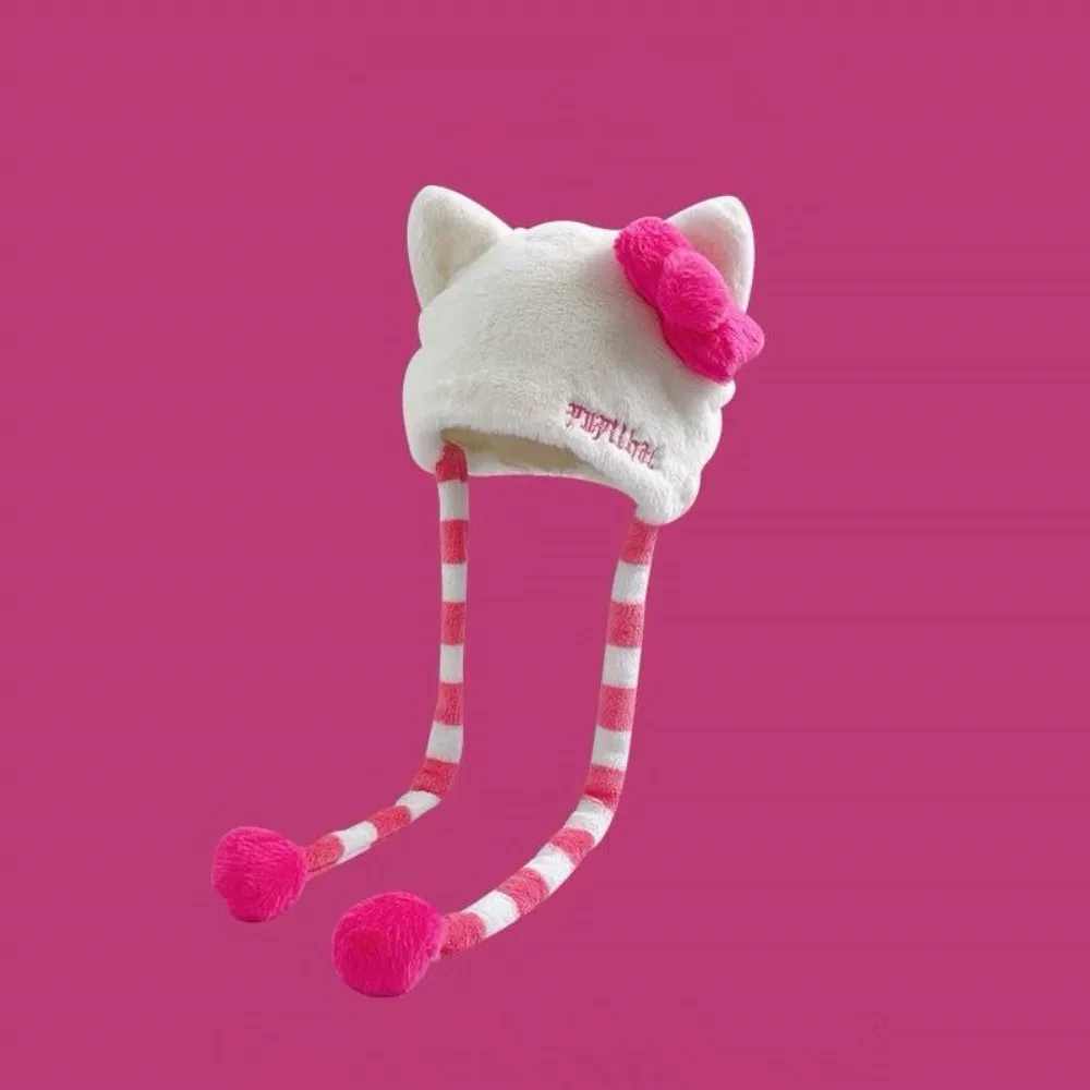 Oryginalne czapki Y2k Cute Cat Ears Plush Beanies dla kobiet Jesień i zima Ins Sweet Girl Lace-up Pullover Loli Hat Skullies