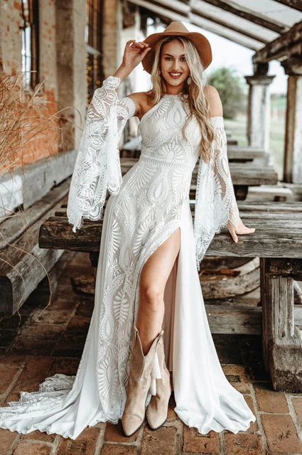 Crochet Lace Bohemian Wedding Dress With Detachable Poet Long Sleeves Thin Straps Deep Split Side Beach Bride Gown Hippe Country Wedding Dresses