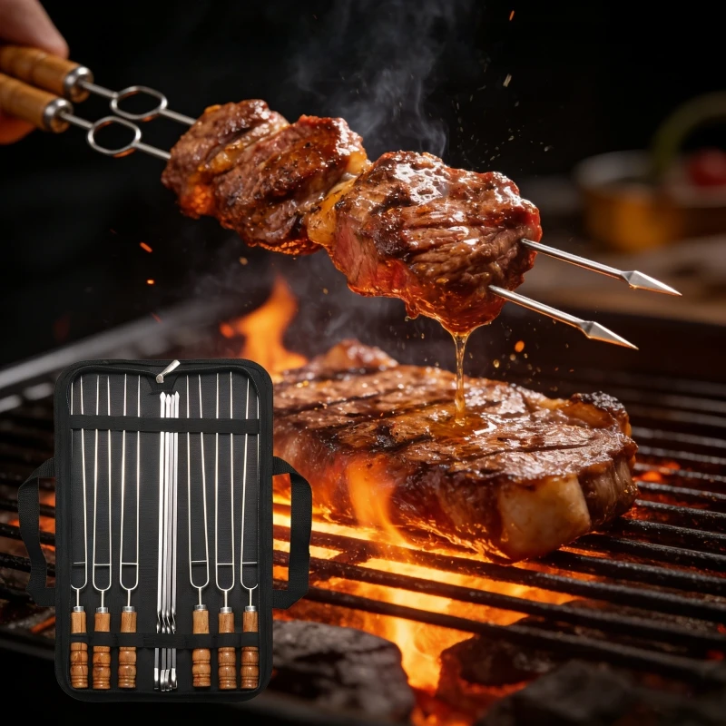 

Набор из 10 шампуров из нержавеющей стали с деревянными ручками для гриля и жарки, для кемпинга на открытом воздухе, с сумкой для хранения