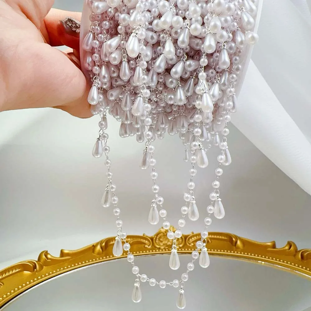 0.5 متر 1 متر تقليد اللؤلؤ Waterdrop سحر مطرز سلسلة البلاستيك الأبيض الكرة الخرز النحاس قلادة سلاسل القماش DIY بها بنفسك صنع المجوهرات