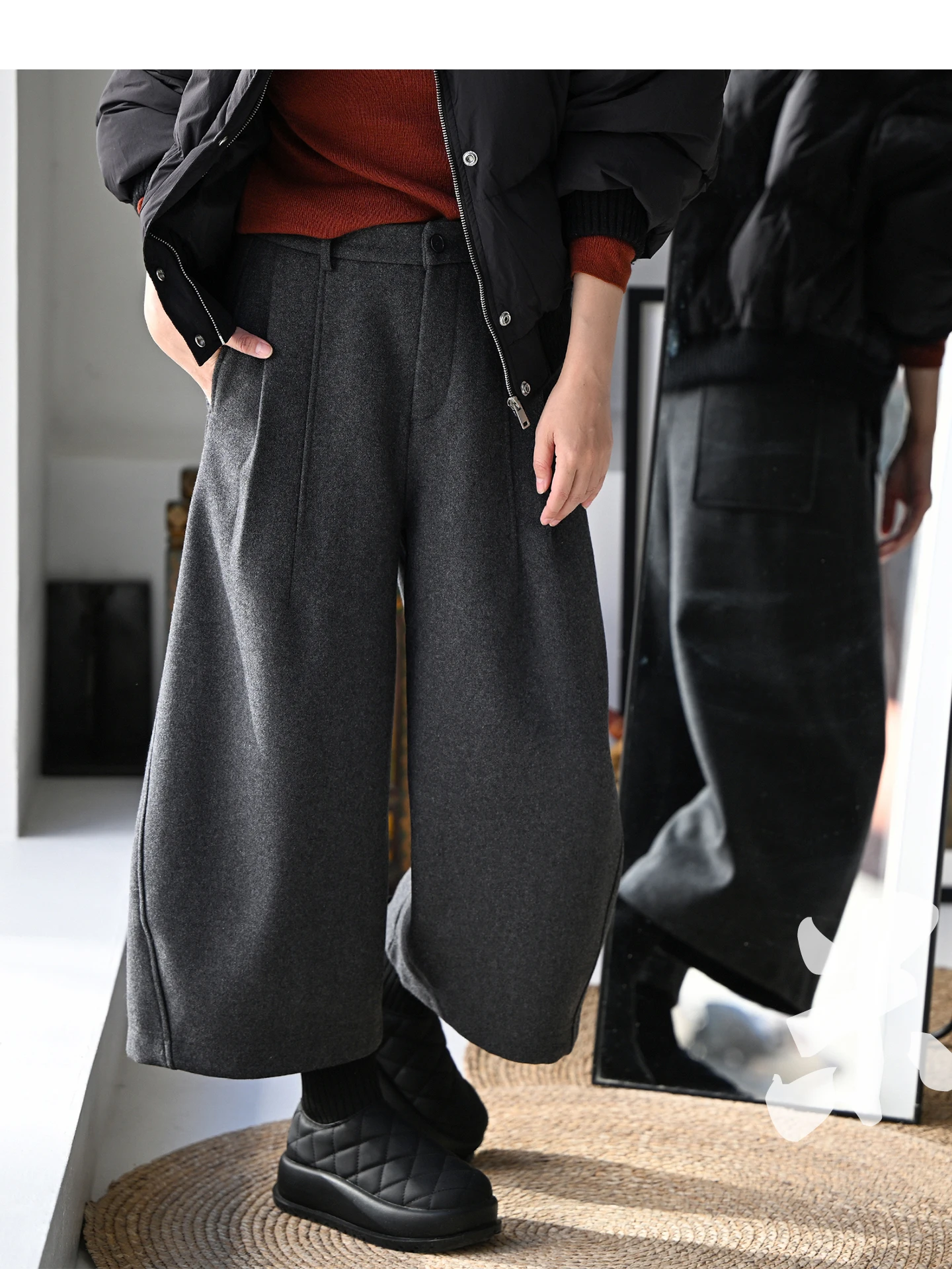 

Artistic Casual Commute High Waist Pleated Woolen Wide Leg Flower Bud Pants Women Autumn Winter High Waist Wide Leg Pants