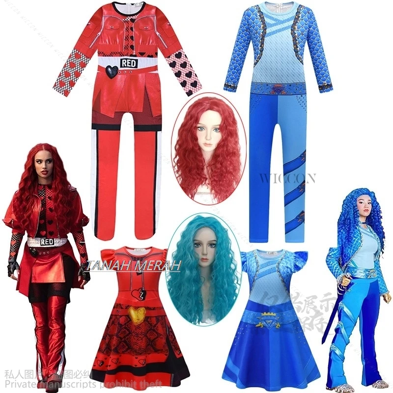 Anime Descend4ants Red Costume for peuv, Rise Of Red Girls, Red Chloe Cosplay Jumpsuit, Wig and Gants, Children Halloween Party, Drums trempés