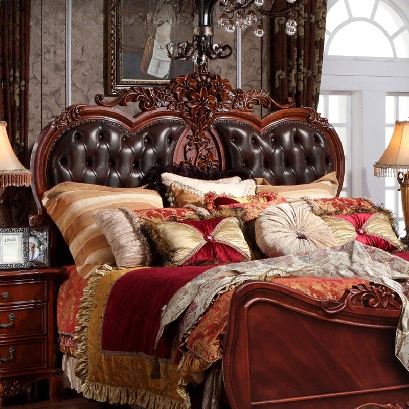 Американская светлая роскошная кожаная кровать, атмосферный брак, двуспальная кровать с цветком из лежачего дерева