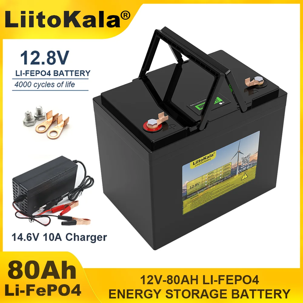 

LiitoKala 12.8V 80AH LiFePO4 Battery 12v 4 strings Lithium Iron Phosphate Inverter Car lighter Batteries 14.6V Charger duty-free