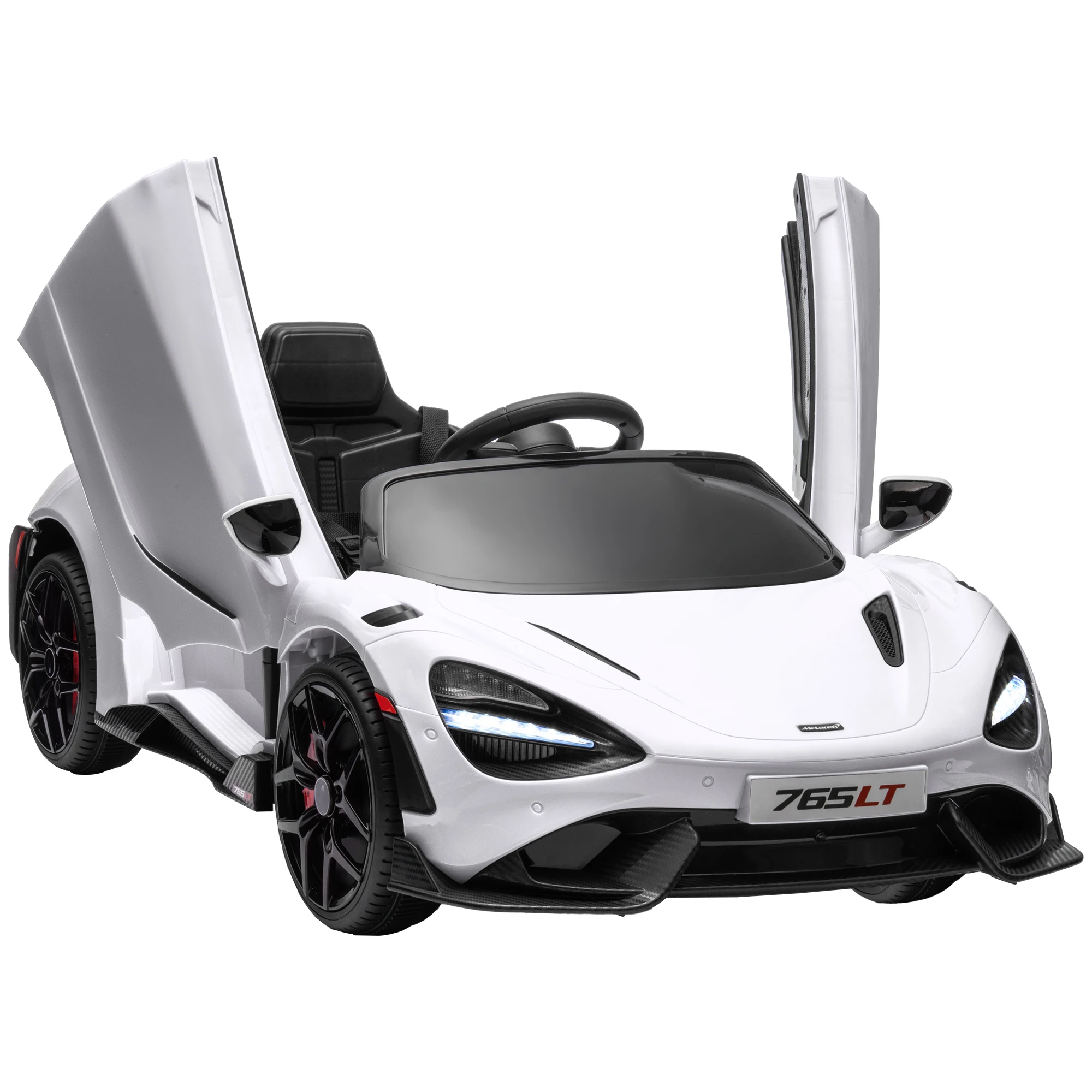 Auto eléctrico para niños con puertas de ala, control remoto, con Soft Drive y luces LED, color blanco