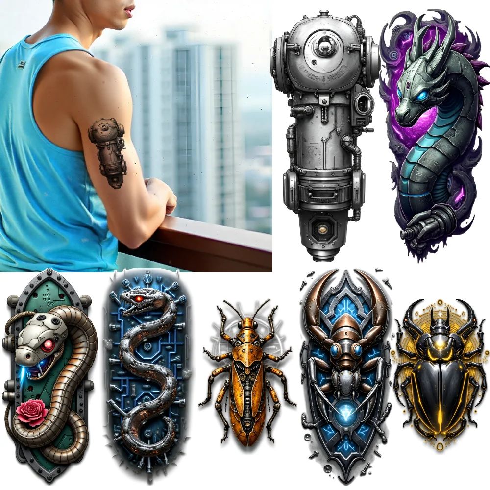 

3 шт., временная татуировка, механический дизайн, реалистичные временные татуировки, искусство насекомых, змея, иллюстрация, красочный реализм для оружия