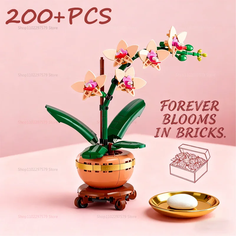 

New 200+PCS Mini Artificial Orchid Flower Bouquet Building Blocks MOC Kit Potted Plants DIY Creative Gifts For Girls Kids Toys