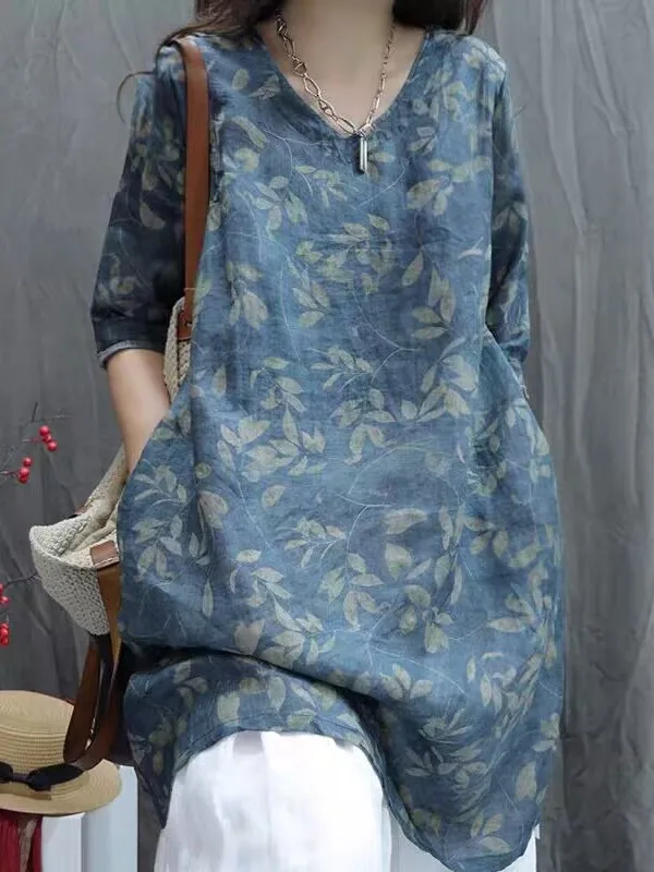 

Retro Print Linen ort Sve irt Dr Women Summer Thin Loose Slimming Casual Cotton Linen Five-Quarter Sve Top