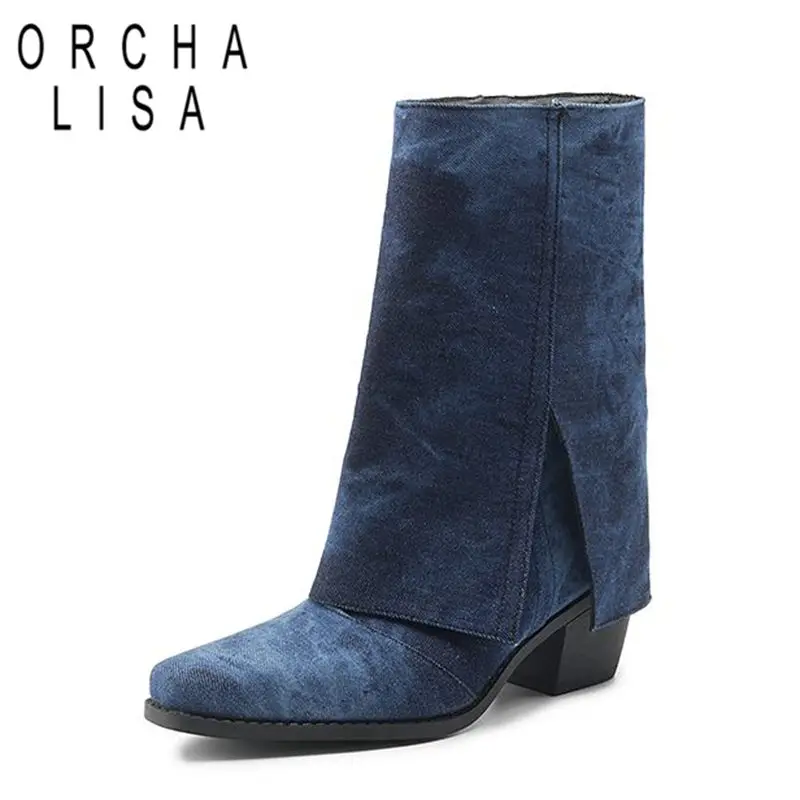 ORCHALISA New Fashion Women Western Cowboy Boots Square Toe Block Heels 6cm Mixed Color Plus Size 42 43 Casual Women Pants Shoes