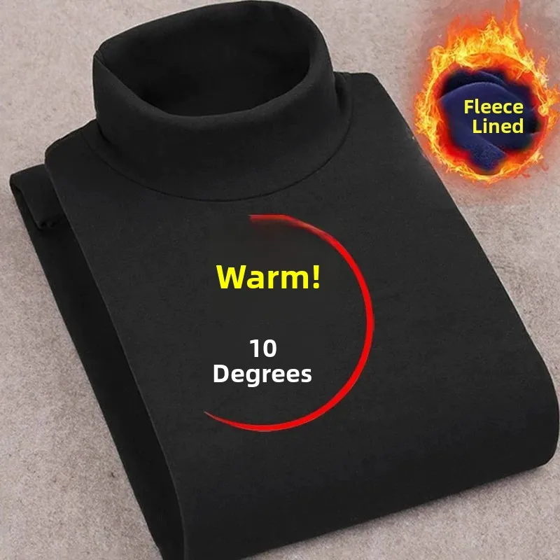Men's Thermal Fleece Lined Long Sleeve T-Shirt Double Sided Woolen Constant Temperature Half High Collar Base Layer Shirt