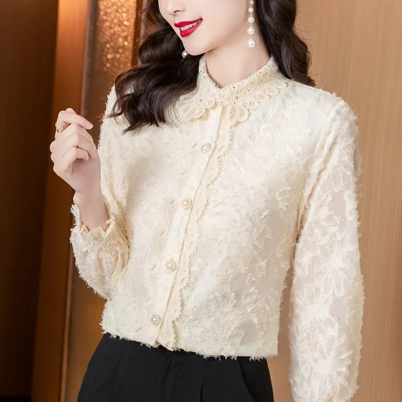 2023 Autumn Women New Chiffon Jacquard Long Sleeve Ruffle Lace Shirts Office Lady Solid Elegant Simple Blouse Female Clothing