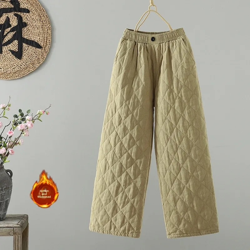 Warme Baumwoll-Leinen-Hose mit elastischem Bund, weites Bein, Rautenmuster, Winter, neue SLE-Hose in Übergröße für Damen mit lockerer Passform