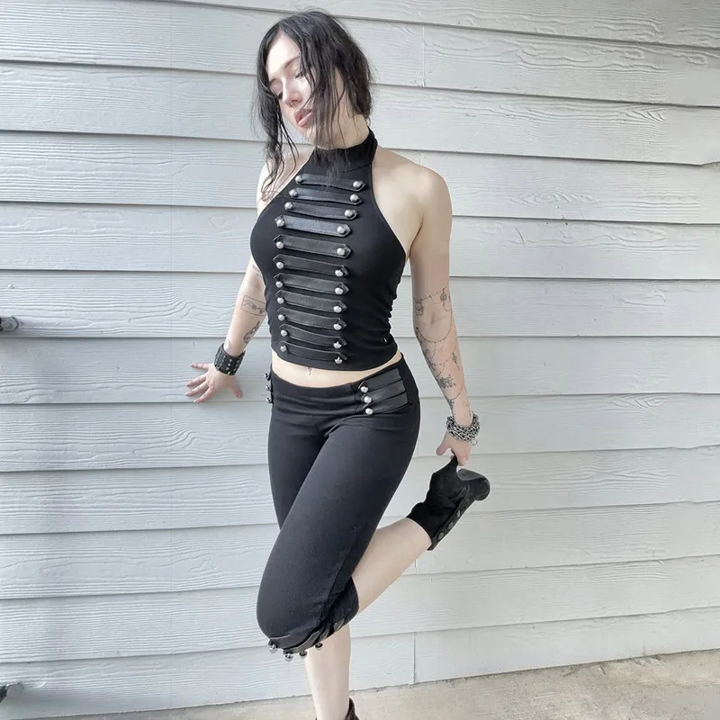 Gtpdpllt Fashion Trend American Retro Women's Tank Tops Y2K Rock Style Design Dark-Themed Top Fits Metal Buckle Streetwear