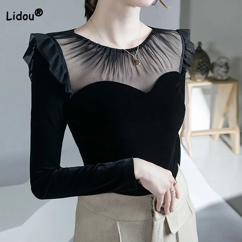 

Elegant Sexy Solid Color Gauze Tops Spring Autumn All-match Stylish Ruffles Spliced Slim Long Sleeve T-shirt Women's Clothing