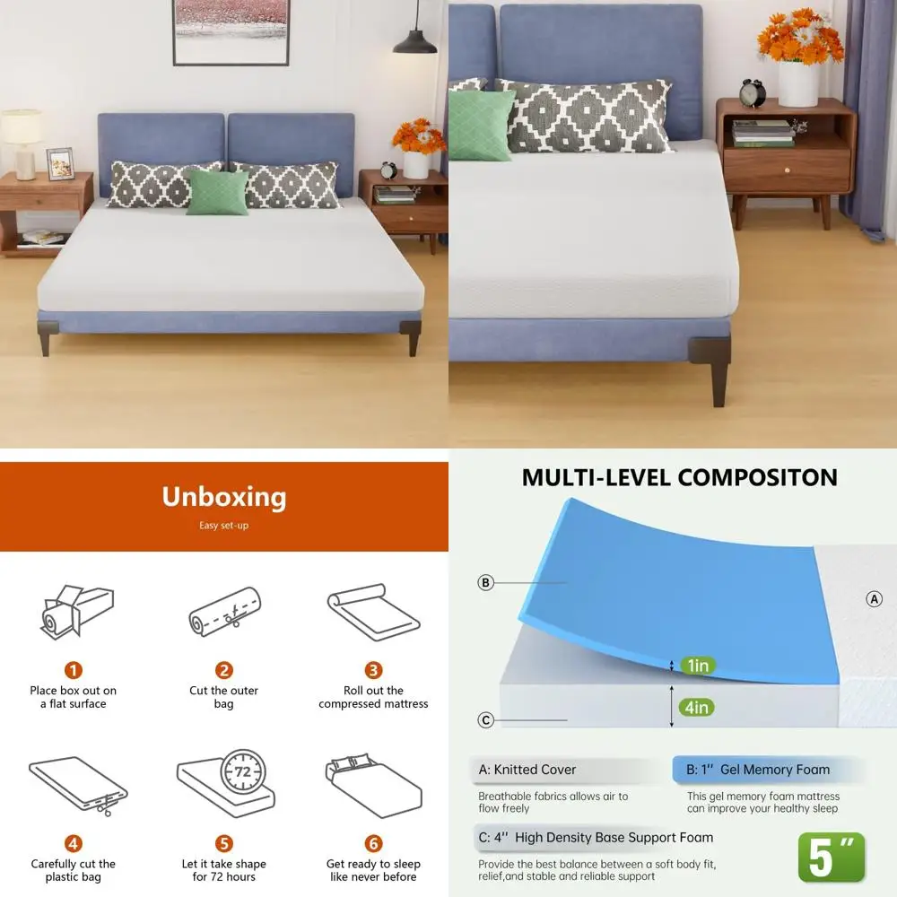 

Medium Firm 5 Inch Gel Memory Foam Mattress - Pressure Relieving, CertiPUR-US Certified, King Size Bed-in-a-Box Mattress for Com