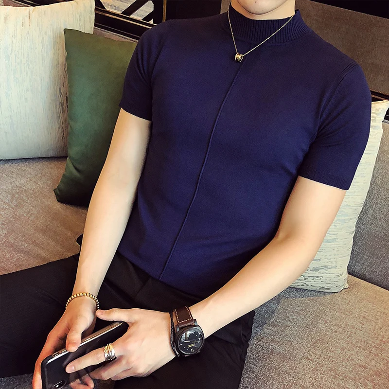 Autumn Winter Sweater Men Fashion Plain Color Short Sleeve Men's Casual Sweaters Slim Fit Half High Collar Knitted Pull Homme