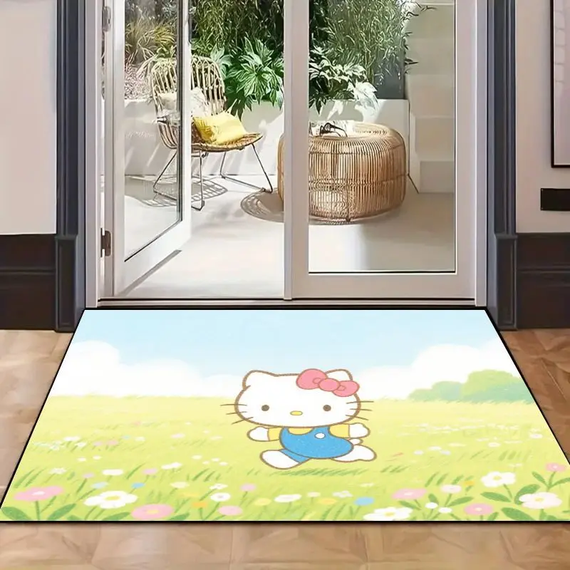 1pc bonito kawaii olá kitty sanrio anime personagem tapete, verde vibrante prado & flor design antiderrapante área tapete (50x80cm/19