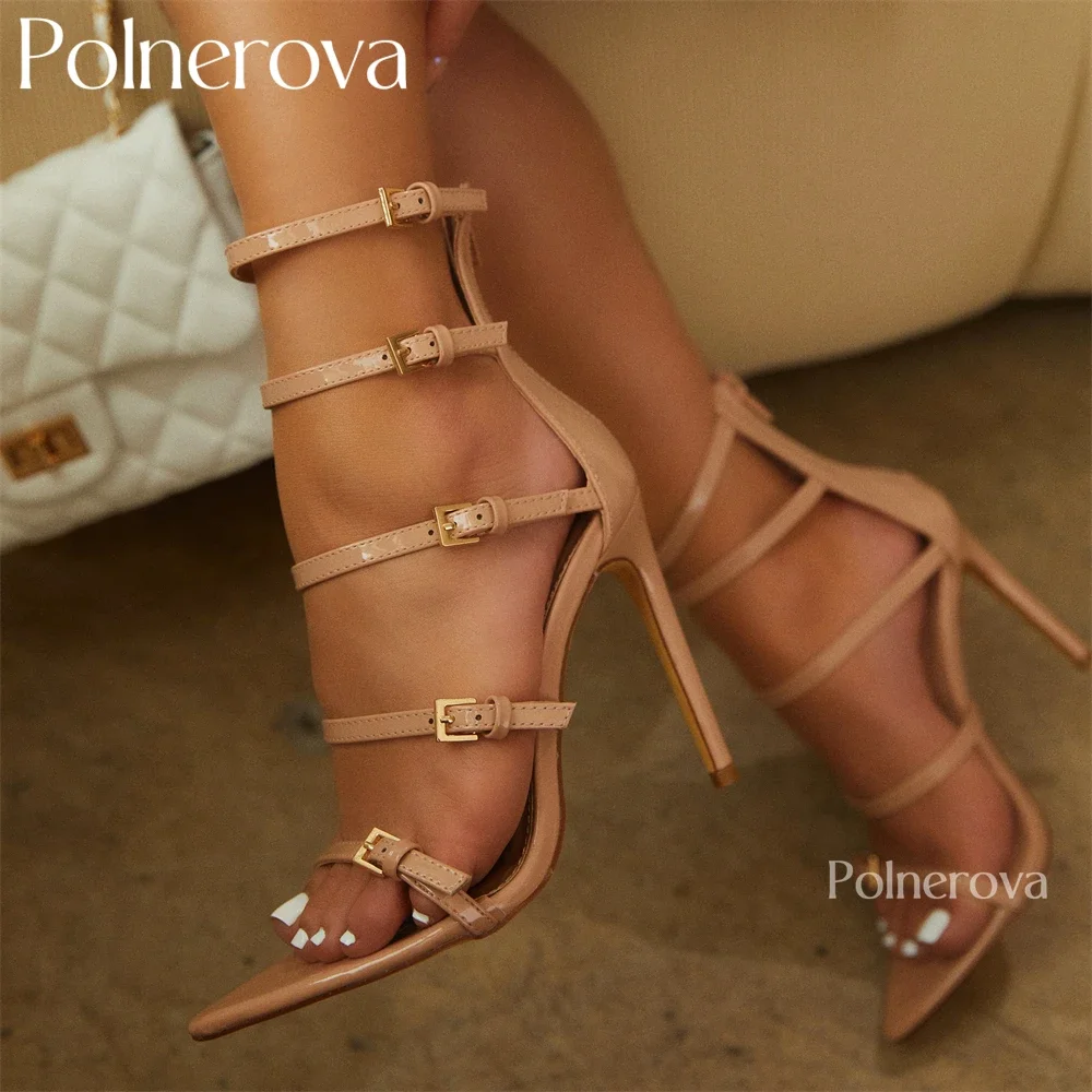 Multi Strap High Heel Sandals Pointed Open Toe Single Sole Summer Shoes Concise Sexy Style Stilettos Gold Leather Sandals Custom