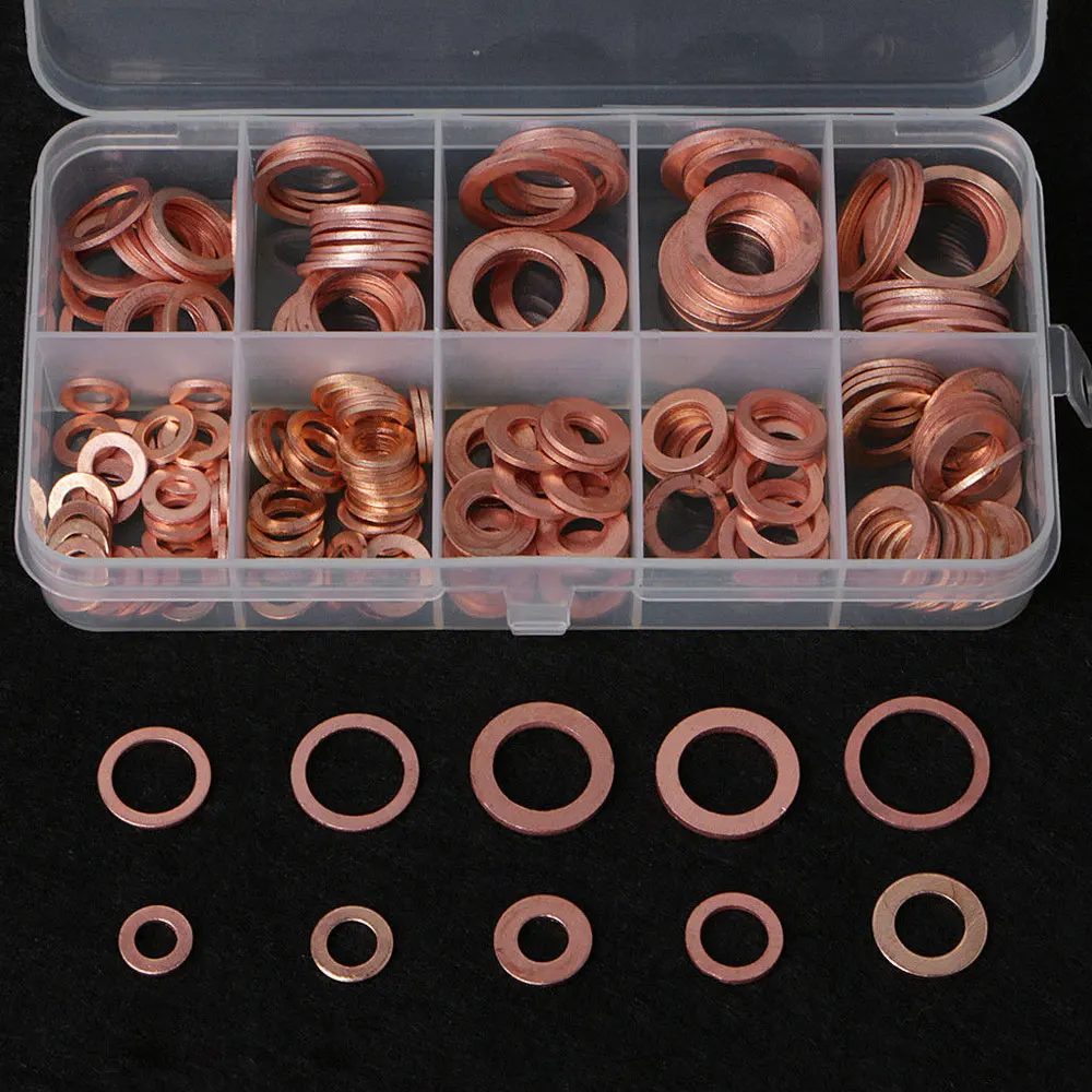 200Pcs Copper Washer Gasket Nut and Bolt Set Flat Ring Seal Assortment Kit with Box M8/M10/M12/M14 for Sump Plugs Car Products