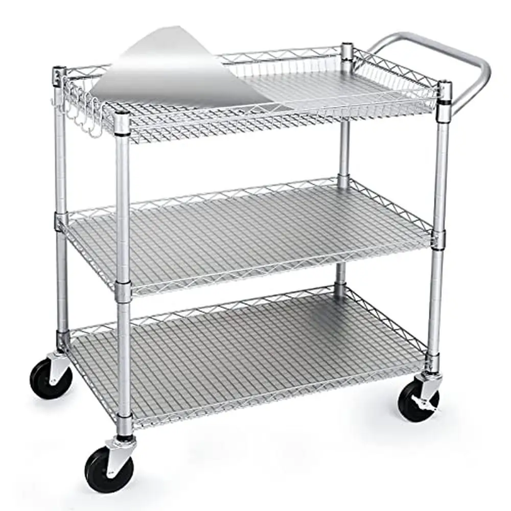 

Heavy Duty 3-Tier Rolling Utility Cart with Handle Bar Steel Service Cart with Wheels Commercial Grade Shelf Cart Alloy Steel