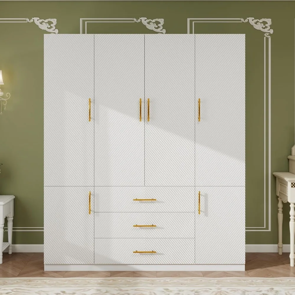 Four Door Wooden Bedroom Wardrobe with Three Drawers Five Shelves and Two Hanging Rods