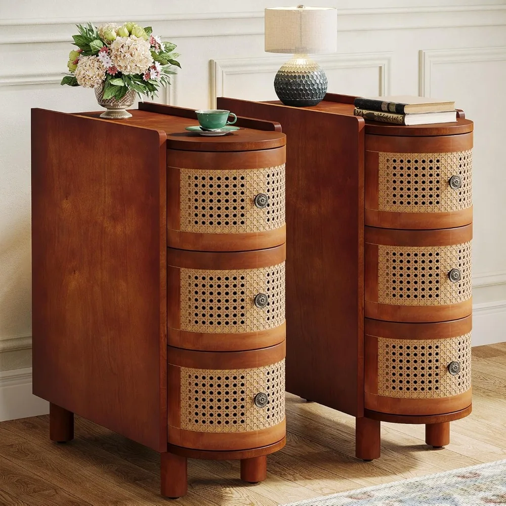 Solid Wood End Table Set of 2, 3-Drawer Rattan Side Table, Night Stand with 3 Rattan Drawers and Exquisite Embossed Handles