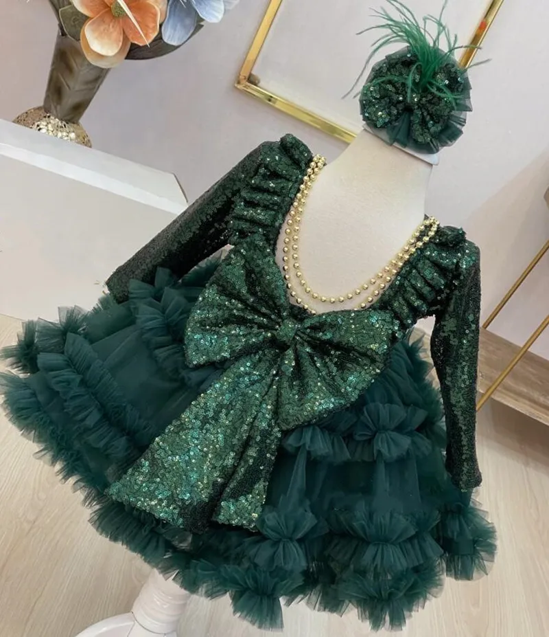 Geschwollene grüne Baby kleid Kleinkind erstes Geburtstags kleid Kind Tutu Outfit Weihnachten Neujahr Größe 1-12t