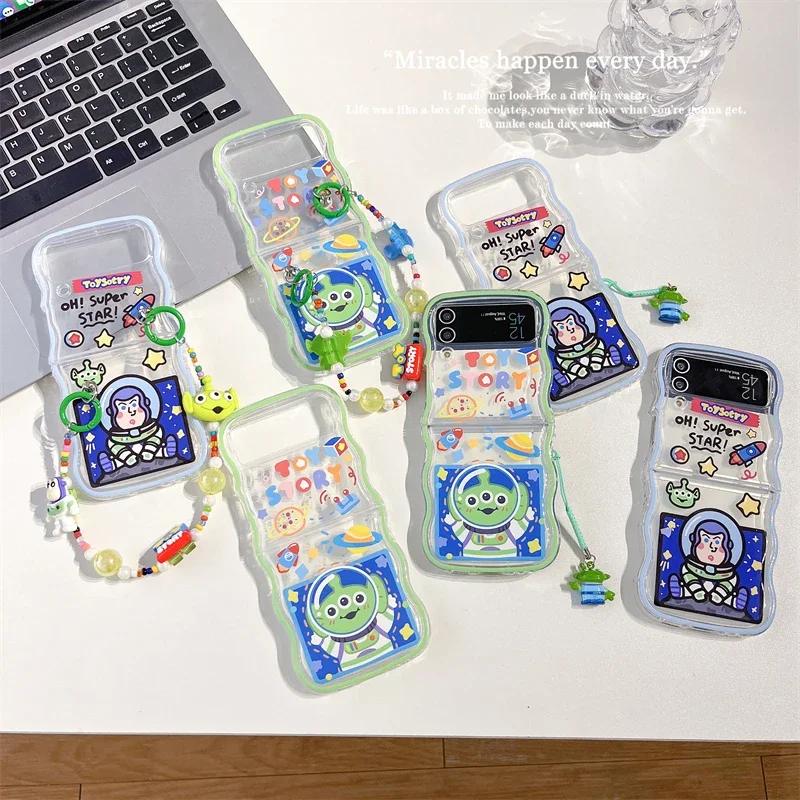 Cartoon Cute Disneys Toy Story Buzz Lightyear Alien Lanyard Phone Case for Samsung Galaxy Z Flip 3 4 5 5G Hard Back Cover Funda