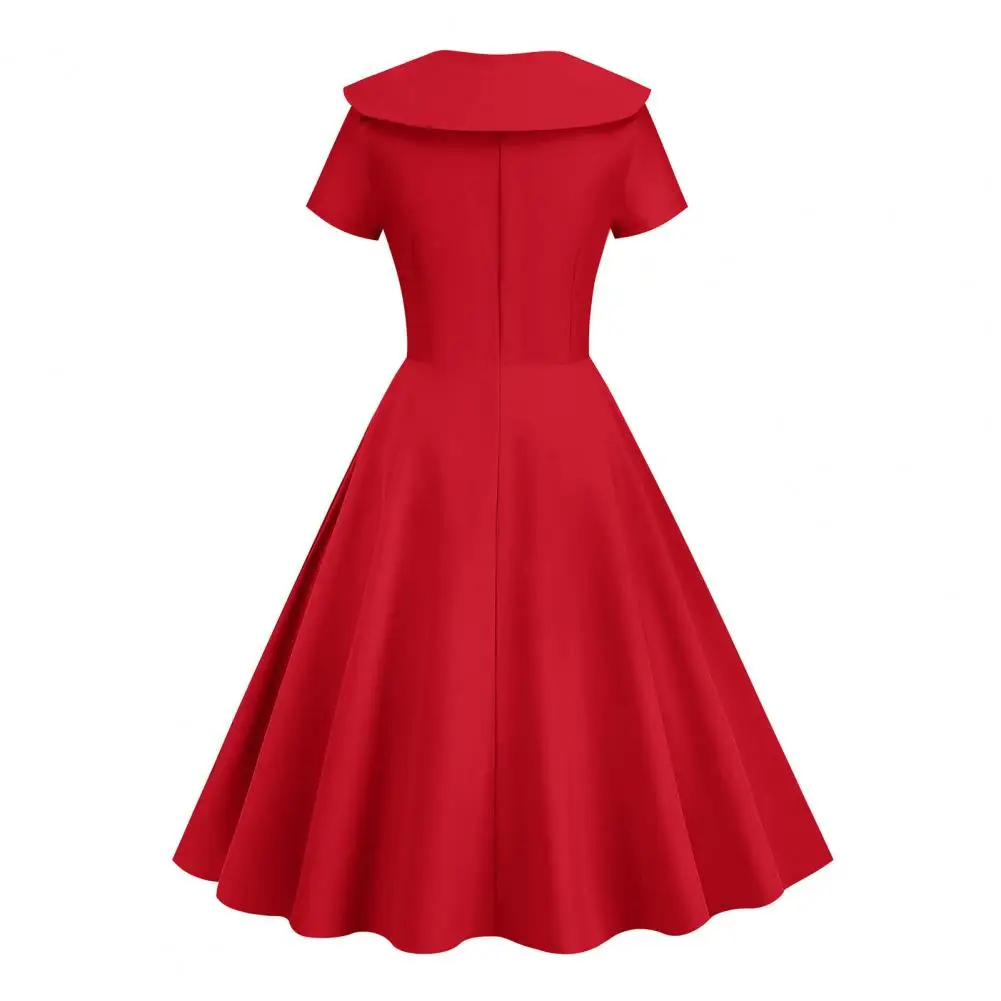 

Celebration Outfit Vintage-inspired Women's A-line Midi Dress with Turn-down Collar Short Sleeves Big Swing Buttons for 50s