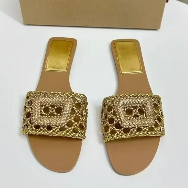 

Женские летние сандалии большого размера на плоской подошве с уникальным тканым узором, роскошные золотые удобные пляжные туфли с открытым носком для женщин