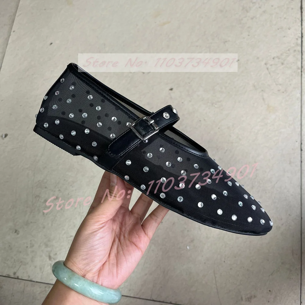 Scarpe basse in rete nuda con cristalli scintillanti Scarpe da donna traspiranti trasparenti con punta tonda Scarpe eleganti da donna estive con cinturino con fibbia