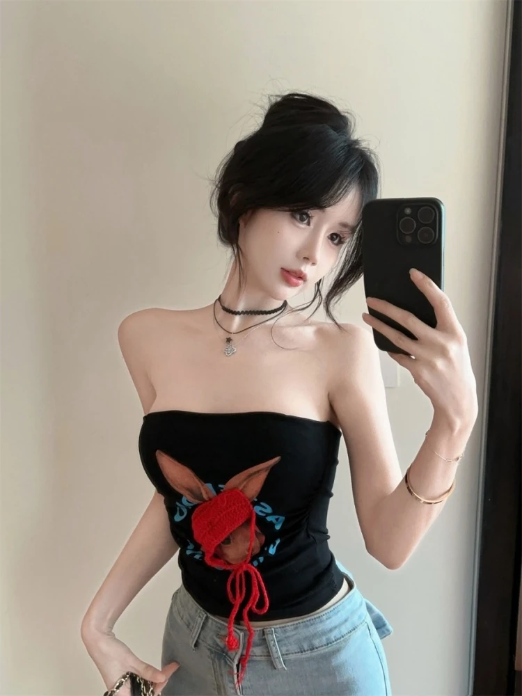 

Pure Desire Spicy Girl Small Line Hat Print Strapl Vest Women's Autumn Design Sense with Chest Pad Beautiful Ba Slim o...